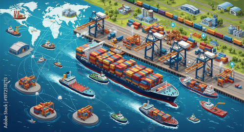 Busy International Shipping Port with Container Ships and Cargo Handling.