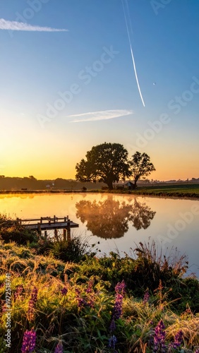 Serene Sunset Over Tranquil Lake with Reflections and Wildflowers