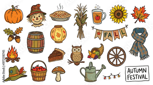 Autumn festival collection of harvest season elements and fall decorations like pumpkin scarecrow pie and sunflower