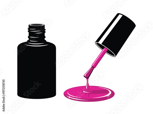 Nail polish bottle vector with brush dripping pink lacquer on glossy background.