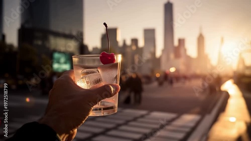 A hand holds a refreshing drink with a cherry garnish while the vibrant city skyline glows in the warm sunset light, filled with people enjoying the evening.