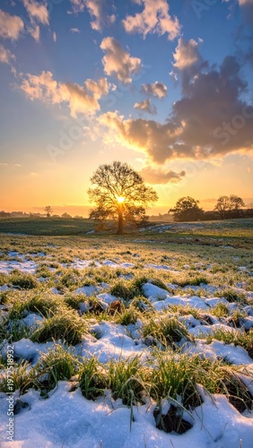 Majestic Sunrise Over Frosty Landscape with a Lone Tree and Clouds