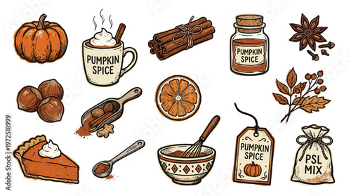 Autumn pumpkin spice ingredients and pie slice for seasonal baking and cozy fall beverages collection