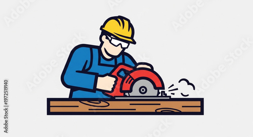 Carpenter using circular saw to cut wood with safety gear.