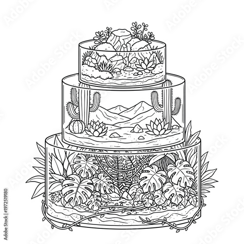 Three tier vector terrarium cake featuring diverse plant ecosystems design element.