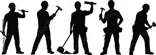 Construction workers silhouettes set, builders with tools collection for industry labor and engineering design