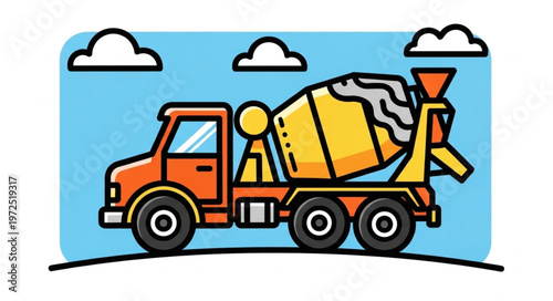 Cartoon Concrete Mixer Truck Illustration with Orange Cab and Yellow Drum.
