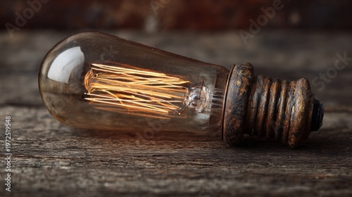 Vintage incandescent light bulb with glowing filament on rustic wood