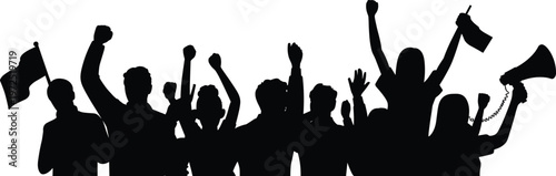 Crowd cheering silhouettes, protest people raising hands with megaphone for activism and celebration design