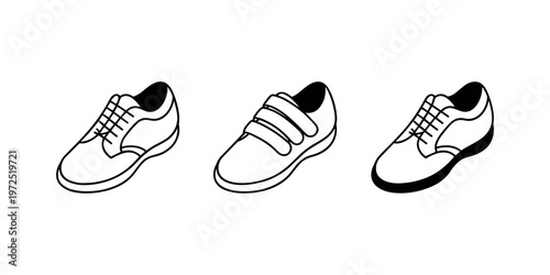 Three black and white line shoes with different closures footwear lace up velcro sneaker in white background