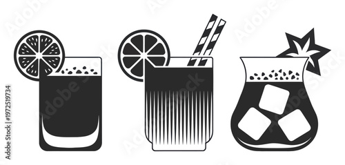 Three stylized drinks with garnishes: lemon slice, straws, and star anise