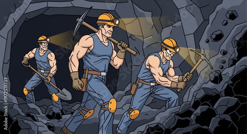 Cartoon Miners Working Hard in a Dark Cave.