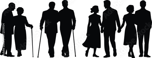 Elderly couples silhouettes set, senior people walking with canes collection for family lifestyle design