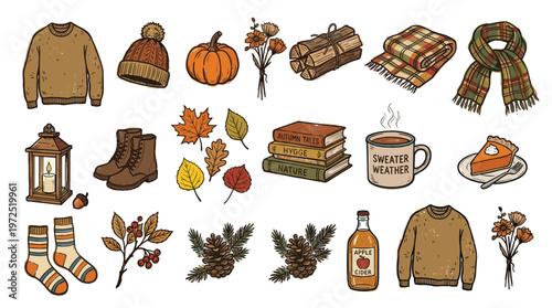 Cozy Autumn Collection of Seasonal Elements Including Sweaters, Pumpkins, Books, and Warm Drinks for Fall Vibes and Seasonal Decor