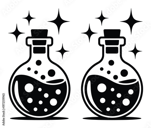 Two bubbling potion bottles with sparkling stars, black and white