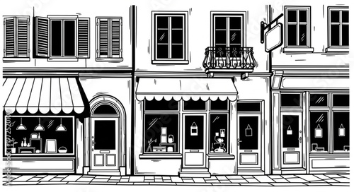 Charming Row of Shops with Detailed Architectural Elements.