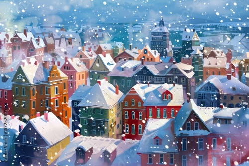 Vibrant snow-covered village rooftops in winter wonderland scene