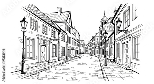 Charming Old Town Street Scene with Cobblestone and Historic Buildings.