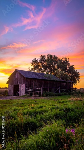 Serene Sunset Over Rustic Barn Surrounded by Lush Greenery