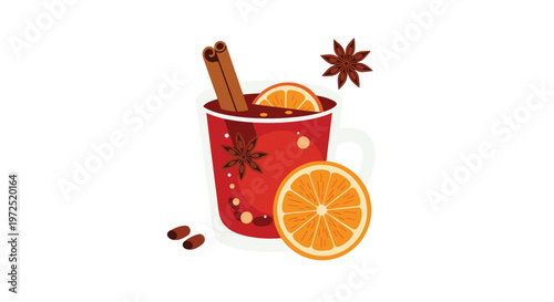 Warm glass mug filled with deep red mulled wine featuring a bright orange slice and aromatic cinnamon sticks against a clean white background setting.