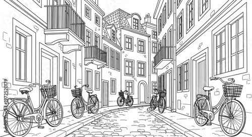 Charming Street Scene with Bicycles in a European Town.