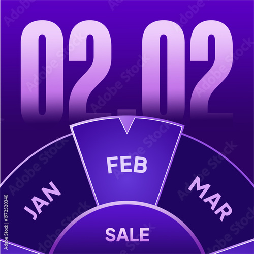 Purple digital graphic advertising a February second sale with a monthly selector wheel