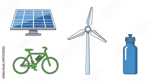 Green energy and sustainable transportation elements with solar panel with wind turbine with electric bicycle with water bottle with eco friendly