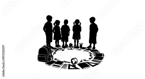 Children Standing in a Circle with School Supplies Silhouette.