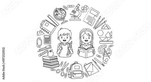 Children surrounded by school supplies in a circular design, ready to learn.