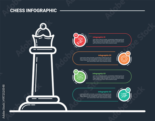 Chess strategy infographic process diagram with big bishop pawn with vertical list information with circular line opposite direction with dark background bright outline style 4 points