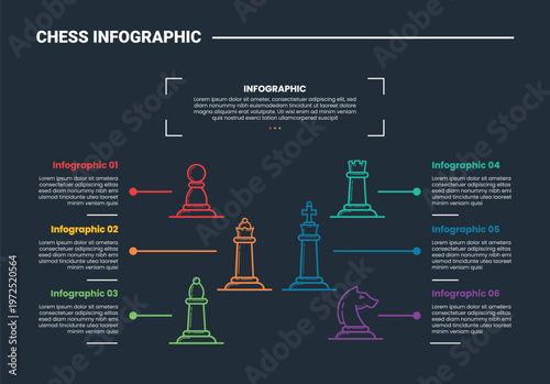 Chess strategy infographic process diagram with pawns spreading with line pointer with dark background bright outline style 6 points