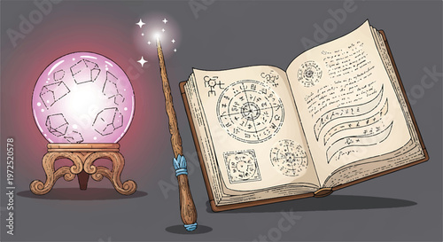 Magic crystal ball, ancient spell book, and wizard wand with sparkles