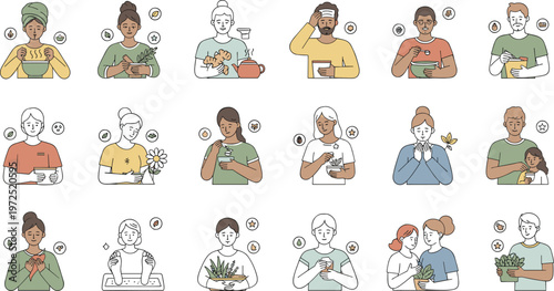 Vector set of diverse people using natural home remedies and traditional herbal treatments for common health issues and wellness in minimalist line art style.