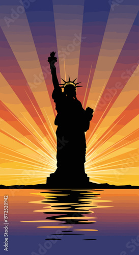 Silhouette of the Statue of Liberty against a vibrant sunset with radiating sunbeams and its reflection on the water.