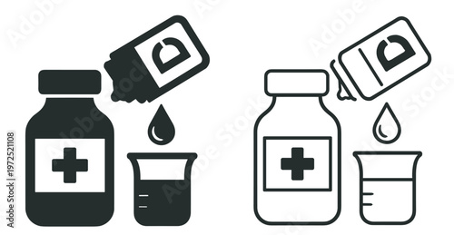 medicine bottle with liquid drop and measuring cup icon, pharmacy dosage and treatment symbol isolated on transparent background