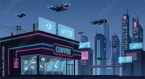 Futuristic city with flying vehicles and neon-lit cafe at night