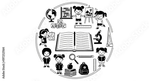 Circular arrangement of educational elements and children in black and white.