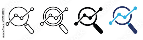 Analytics icon with magnifying glass and line chart. Symbol of data analysis, business reporting, performance metrics, dashboard analytics, insights, monitoring