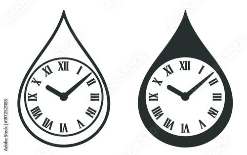 water drop with clock icon, liquid time concept symbol showing resource usage and measurement isolated on transparent background