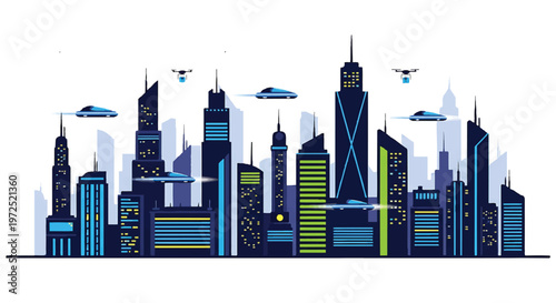 Futuristic cityscape with towering skyscrapers and flying vehicles with high rise