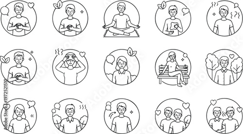 Vector set of people practicing immediate relaxation techniques for high blood pressure relief featuring deep breathing sitting calmly and cooling down for healthy lifestyle concepts.