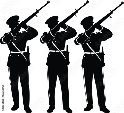 Military salute silhouettes set, soldiers with rifles honoring gesture collection for army ceremonial design