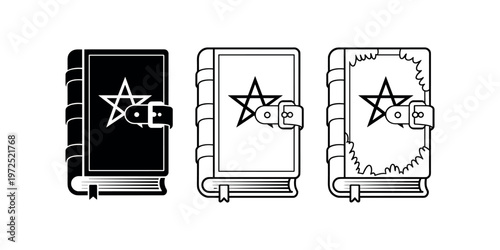 Three stylized books with pentagram symbols and clasps on white background pentacle star
