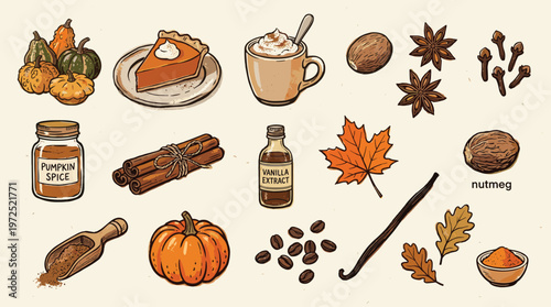 Autumn Harvest Season Ingredients for Pumpkin Pie and Spiced Drinks with Gourds Cinnamon and Coffee Beans
