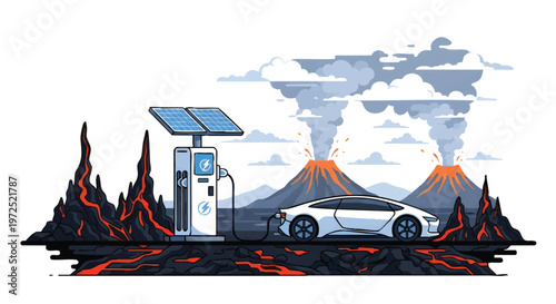 Electric car charging at solar station near volcanic landscape