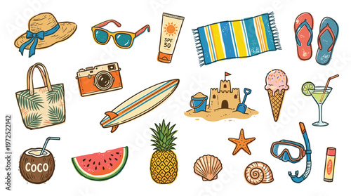 Summer vacation beach essentials collection including surfboard sunglasses hat sunscreen flip-flops and tropical drinks for a perfect holiday getaway