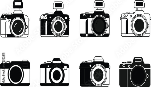 Professional Digital SLR Camera Icon Set Featuring Various Mirrorless and DSLR Photography Equipment Symbols for Media Production, Photo Studios, and Creative Photographer Portfolios
