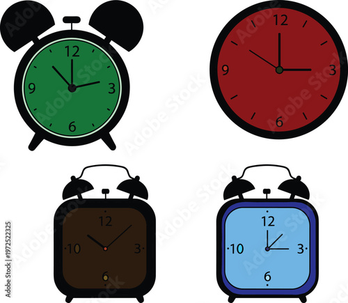 Colorful Alarm Clock and Wall Watch Vector Icon Set Featuring Classic Twin Bell Designs and Modern Round Clocks for Time Management and Morning Routine