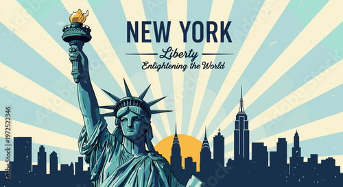 Vintage illustration of the Statue of Liberty with the New York City skyline and a sunburst sky, featuring text 'NEW YORK Liberty Enlightening the World'.
