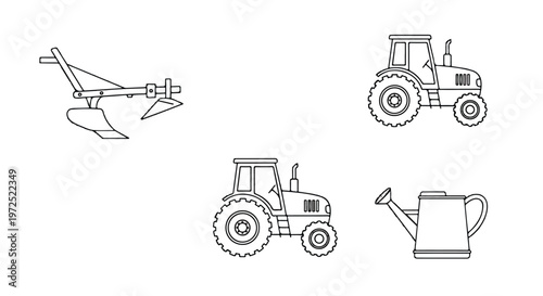 Outline drawings of agricultural machinery including two tractors, a plow, and a watering can